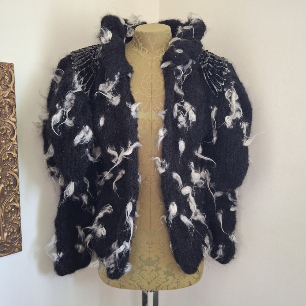 Vintage‎ RARE 90s Handknit Mohair Open Cardigan Sweater Sequin Wing Shoulders